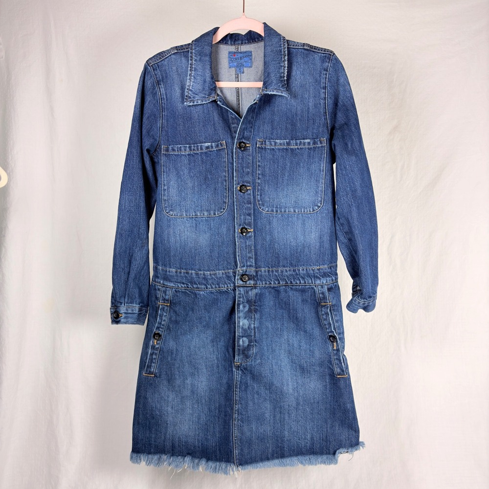 Lucky Brand Womens Denim Utility Shirt Dress Frayed Hem Blue Button Fly Mini M
